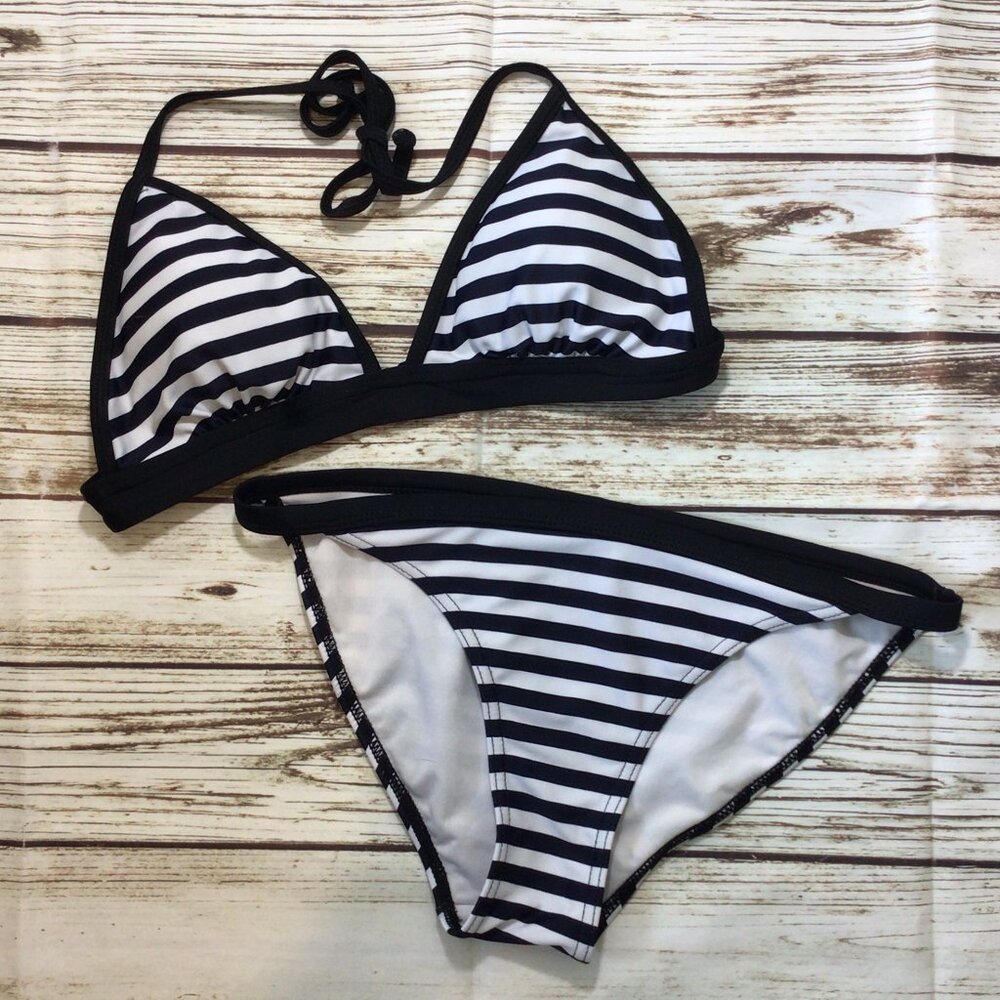Maui and Sons Navy Blue & White Triangle Top Striped Bikini 2pc Swim Suit